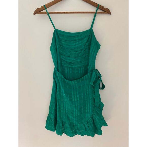 Privacy Please Henley Mini Dress in Green Faux Wrap Ruffle Flutter Summer EUC S - Picture 1 of 10
